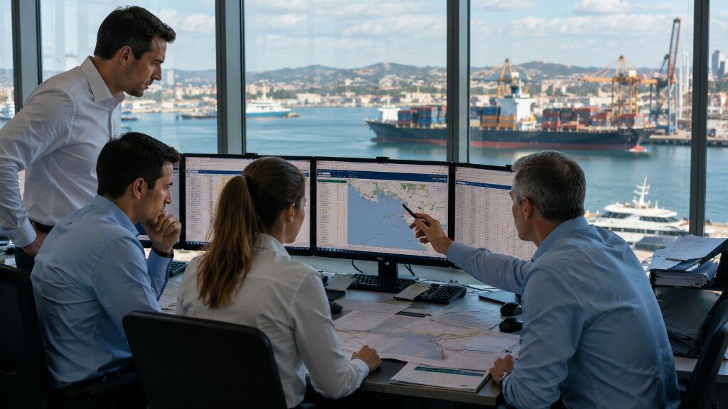 Green Straits maritime agency team coordinating port operations at a workstation