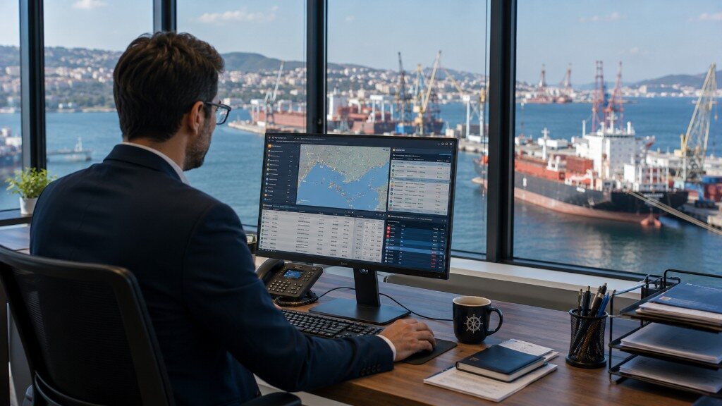 Maritime agent at operations desk overlooking a Turkish port and shipyard