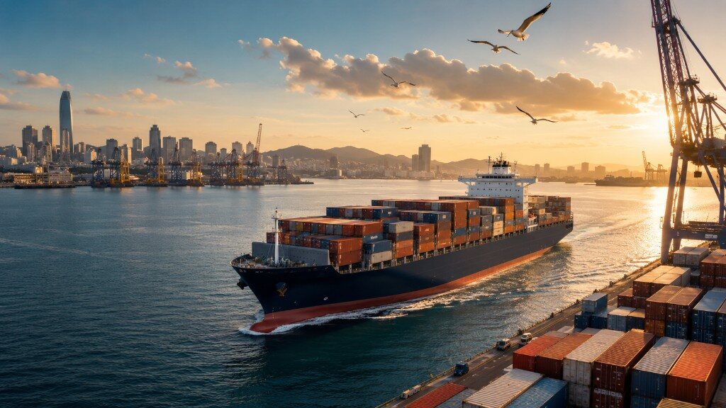 Container ship arriving at a Turkish port at sunset with city skyline and cranes
