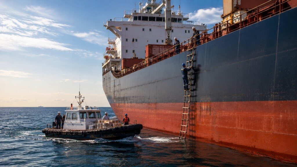 Launch boat delivering stores and supplies alongside a vessel at sea