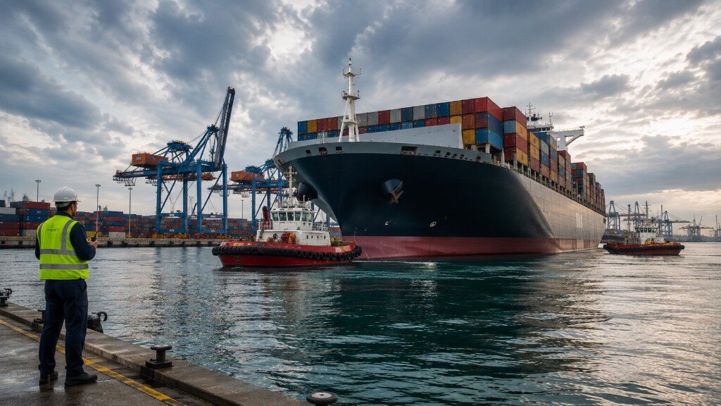 Port agent coordinating a container ship arrival with tugs at a Turkish terminal