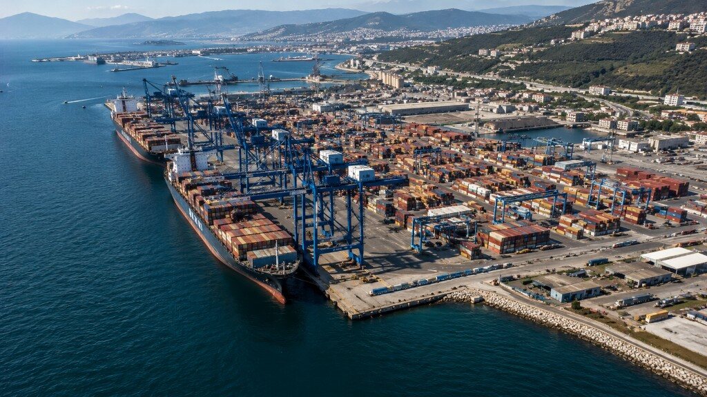 Aerial view of a container terminal on the Turkish coast with ships at berth