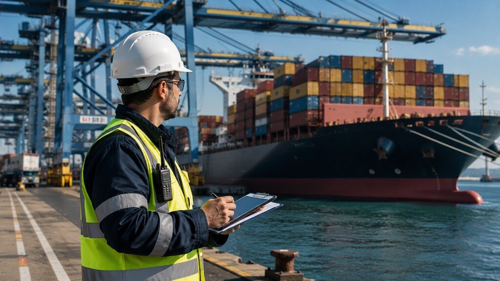 Protective agent inspecting cargo operations at a container terminal