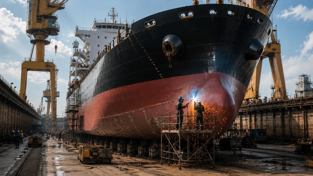 Workers welding a cargo ship hull in drydock with yellow gantry cranes at a Turkish shipyard