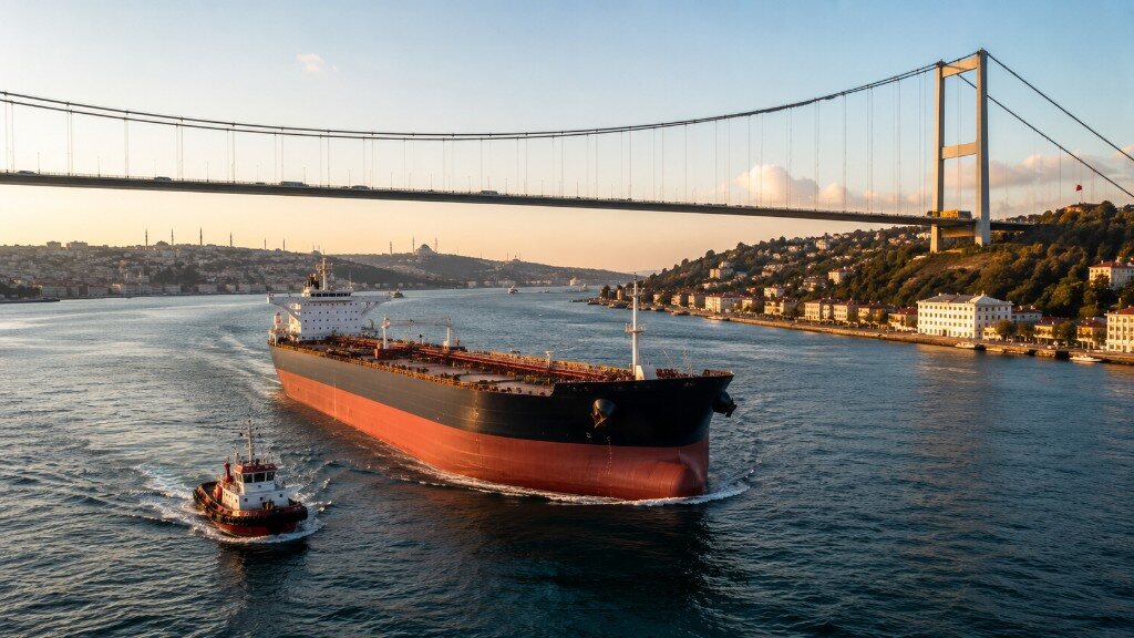 Tanker transiting the Bosphorus with tug assistance and Istanbul skyline