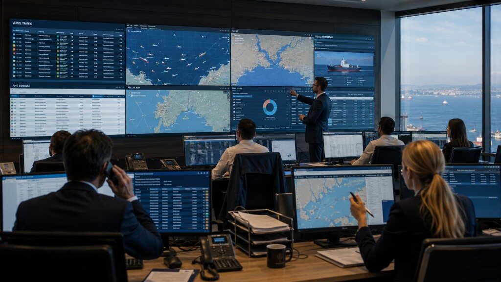 Vessel traffic control room with live AIS maps and port operations dashboards