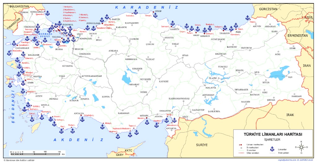 Türkiye Limanları Haritası — map of Turkish ports on the Black Sea, Marmara, Aegean and Mediterranean coasts